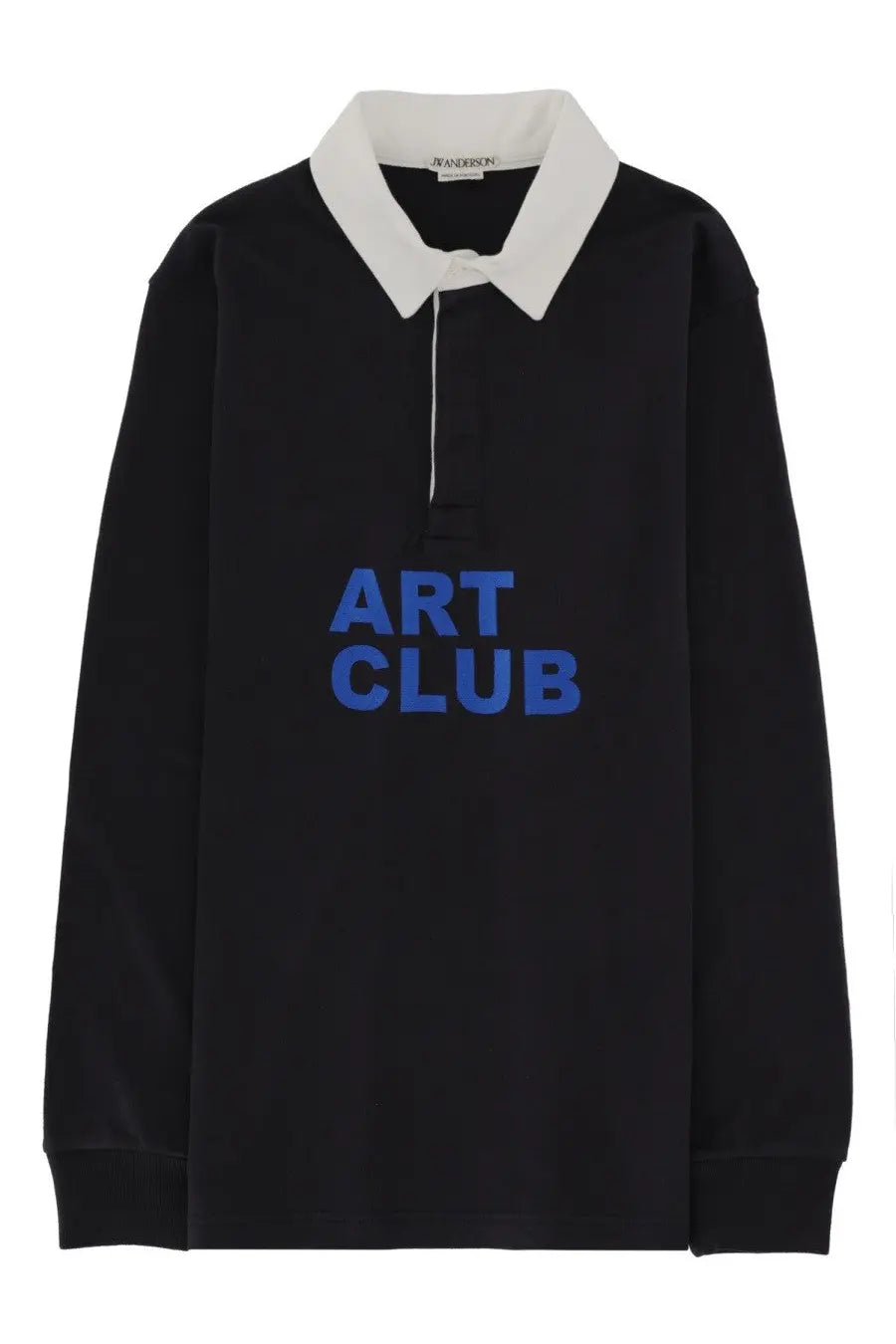JW Anderson men’s black long-sleeved rugby shirt with white collar and blue art club lettering across the chest