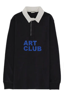 JW Anderson men’s black long-sleeved rugby shirt with white collar and blue art club lettering across the chest