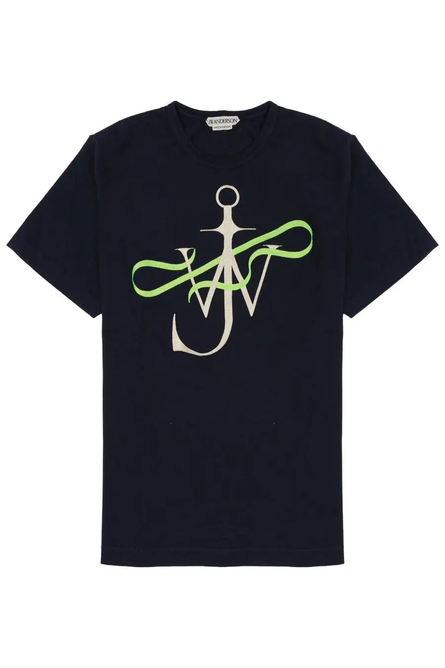 Jw anderson men’s navy blue short-sleeved t-shirt with white anchor logo lime green ribbon and w monogram