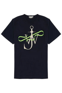 Jw anderson men’s navy blue short-sleeved t-shirt with white anchor logo lime green ribbon and w monogram