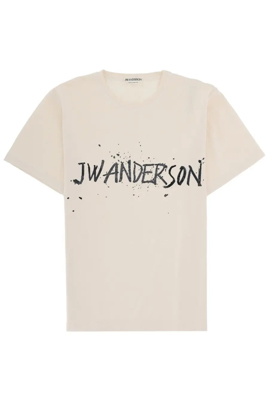 Cream-colored cotton jw anderson men shirt with bold black logo and splatter paint effect on the chest