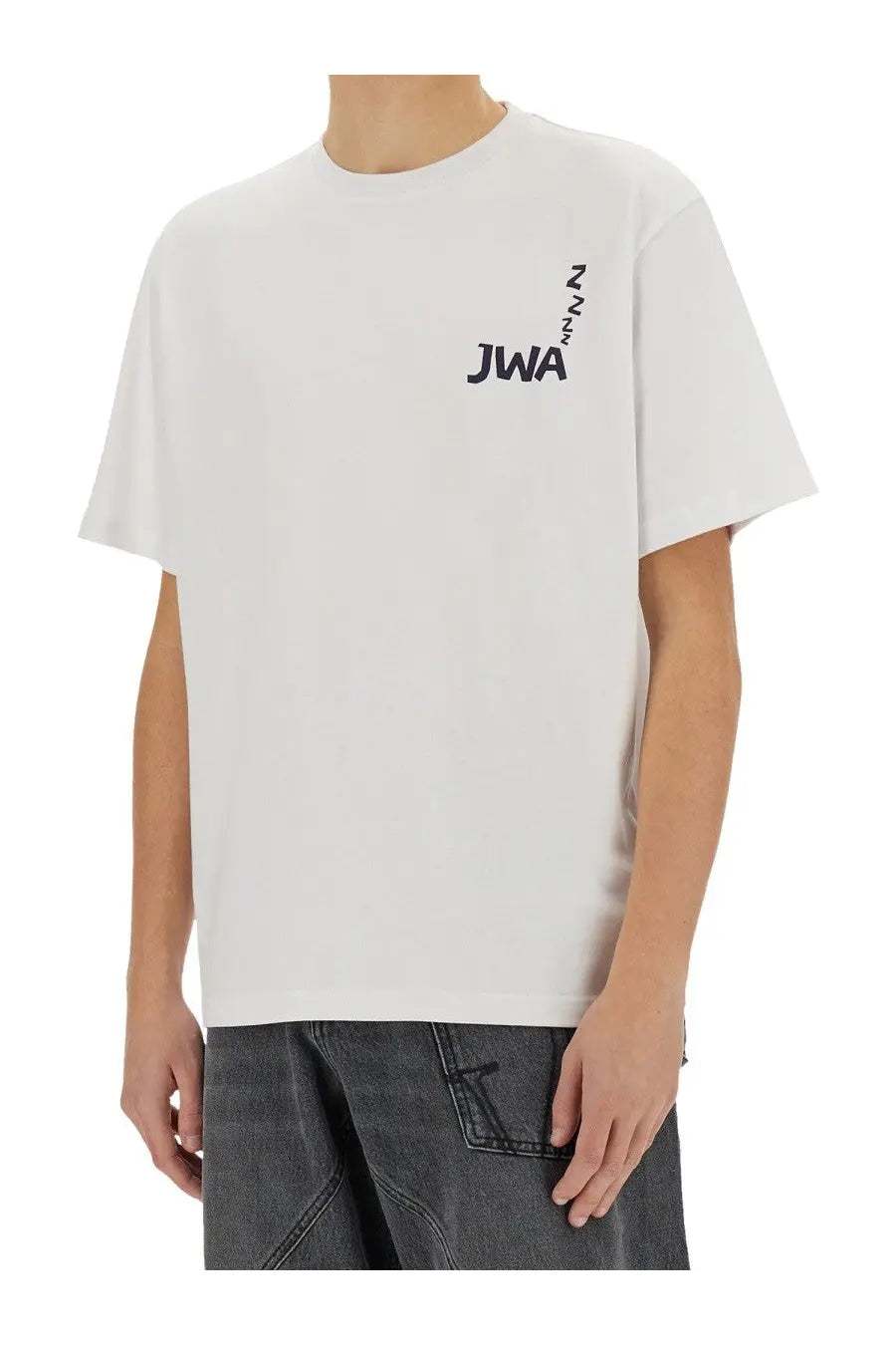 White cotton jwa men’s t-shirt with black logo and three z’s print on the left chest from JW Anderson