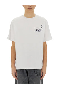 Jw anderson men’s white cotton crew neck t shirt with black jwa logo and vertical text on the left chest