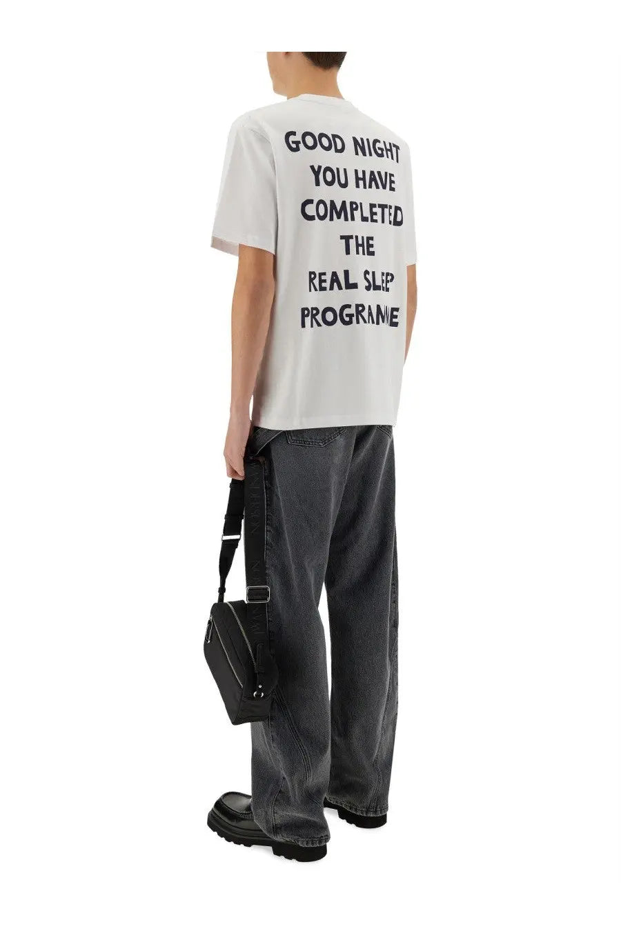Back of jw anderson men’s white short-sleeved cotton t-shirt with black printed text good night you have completed the real sleep programme