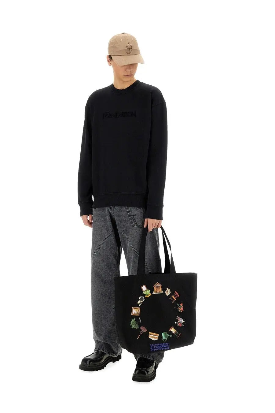 Black canvas tote bag with colorful miniature house charms in a circular arrangement for jw anderson men’s sweatshirt black