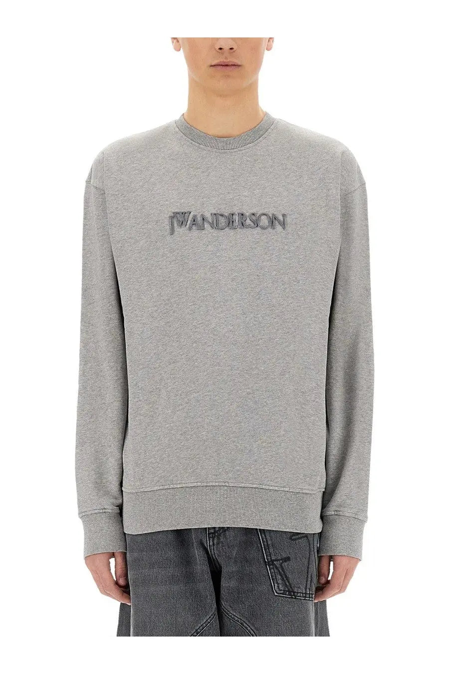 Jw Anderson men’s grey heathered sweatshirt with wanderson embroidered in dark gray across the chest