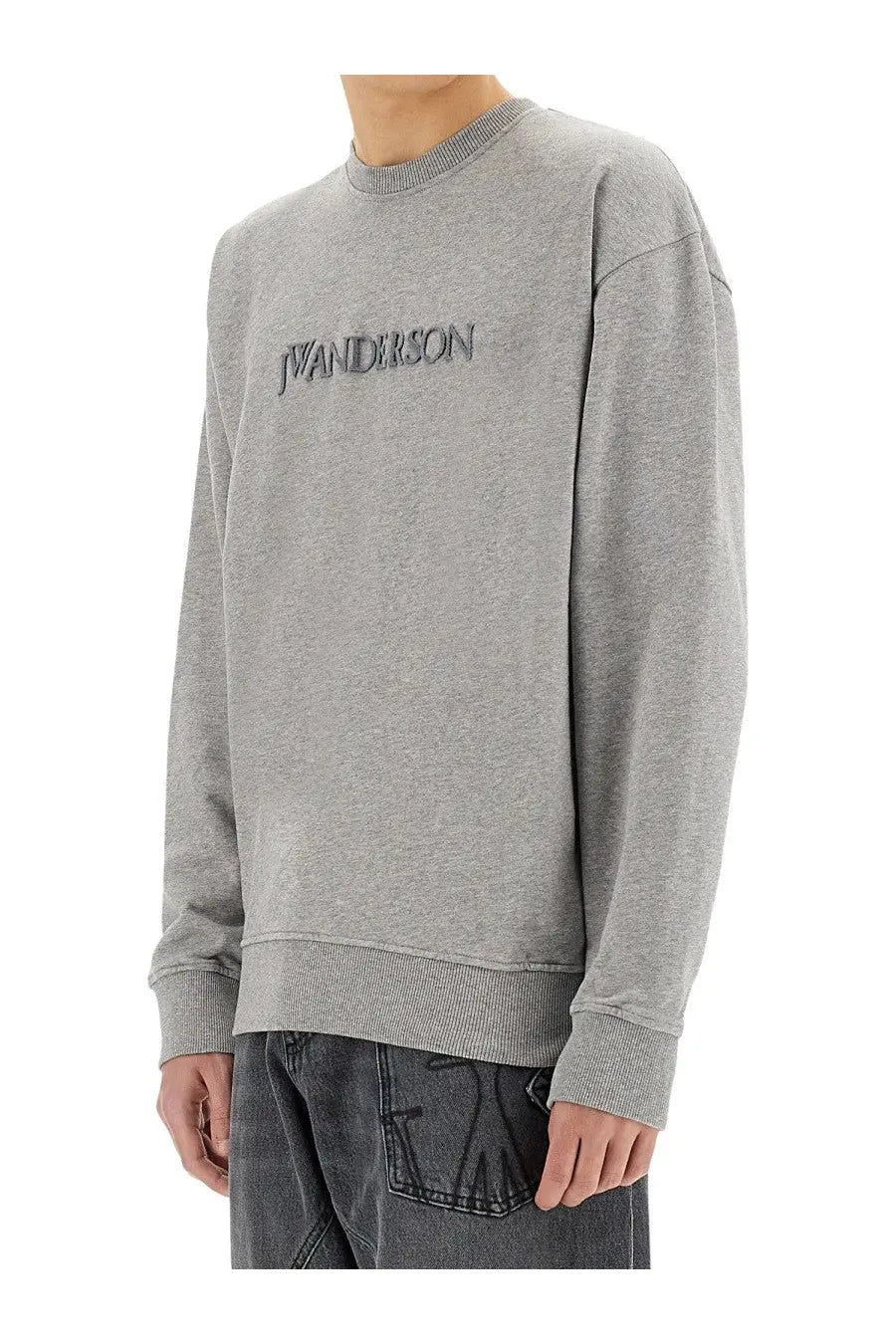 Jw anderson men’s heather gray long sleeve crewneck sweatshirt with wanderson embroidered in dark gray thread