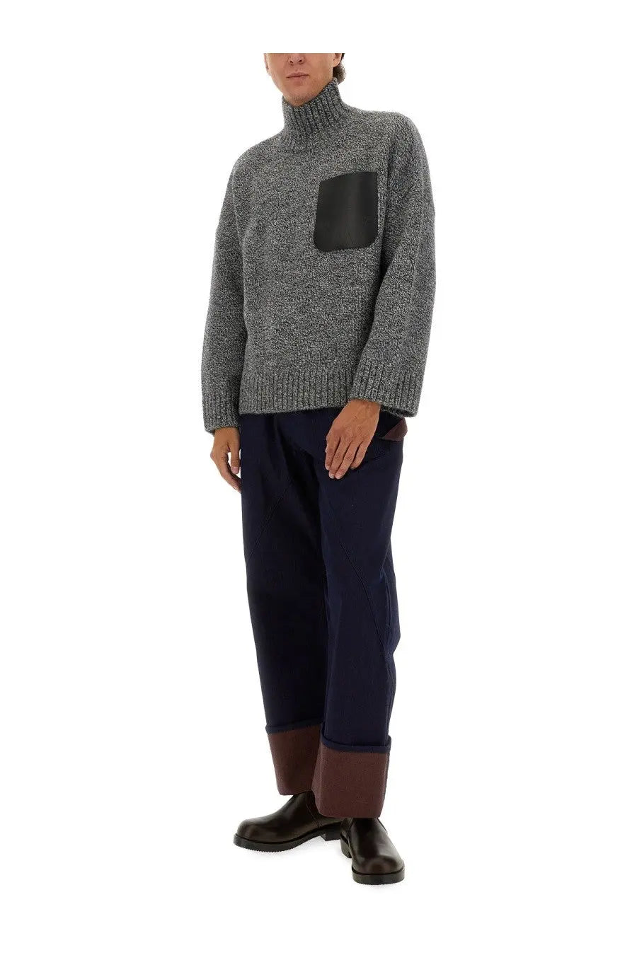 JW Anderson men’s grey turtleneck shirt with a gray textured knit and black leather chest patch