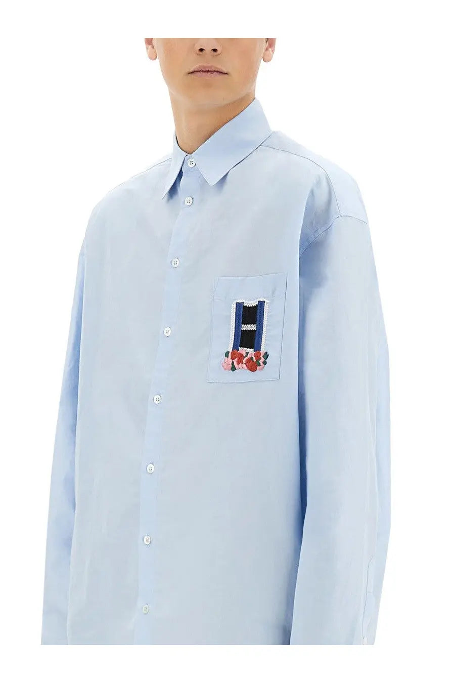 Jw anderson men’s light blue button-down window shirt with chest patch embroidered letter h and floral details