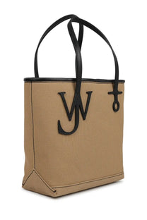 Jw anderson unisex borsa tote anchor small beige canvas bag with black leather handles and black w logo