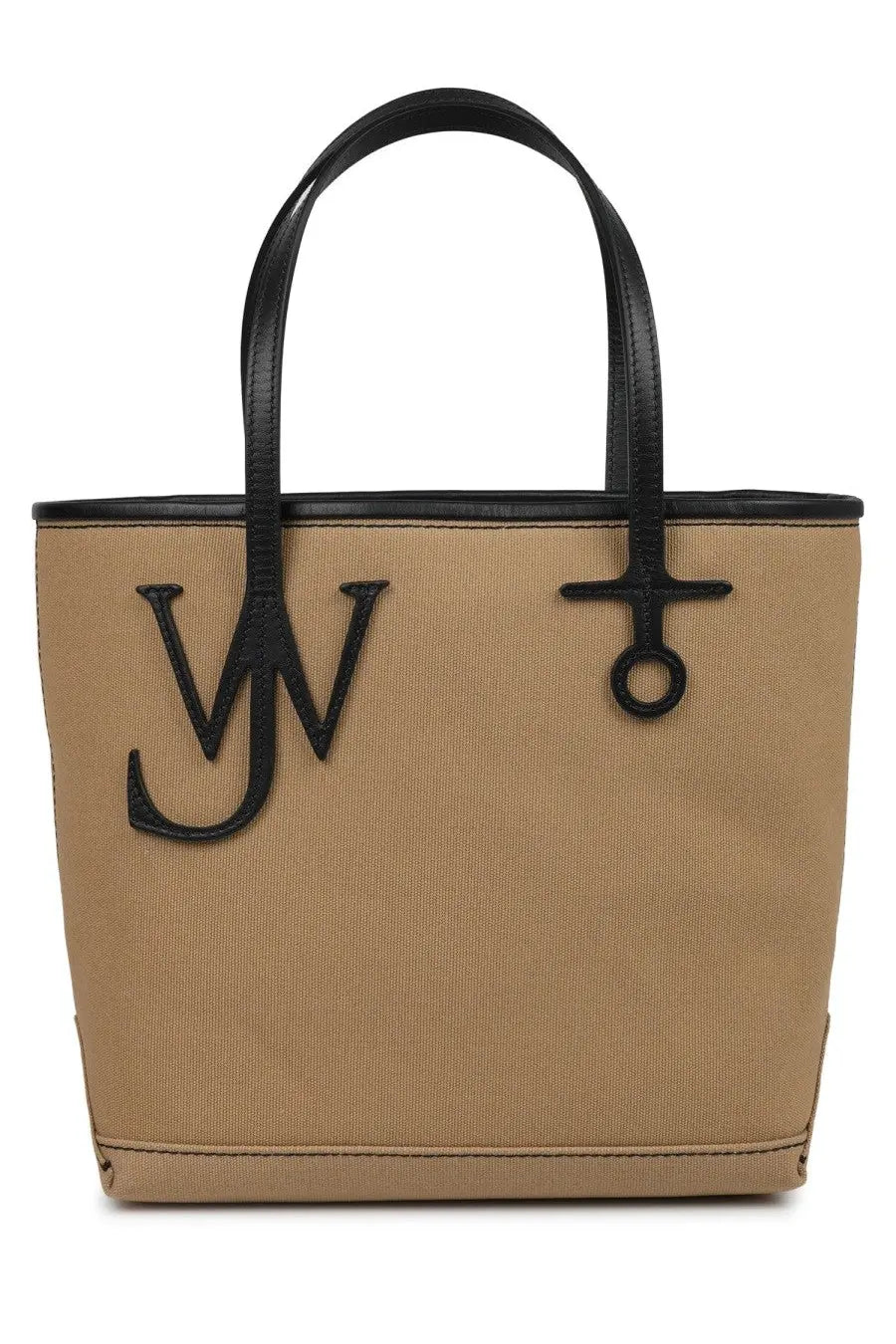 Tan canvas jw anderson unisex borsa tote anchor small beige with black leather handles and black embroidered jw monogram