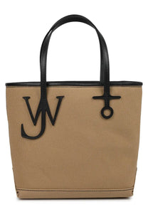 Tan canvas jw anderson unisex borsa tote anchor small beige with black leather handles and black embroidered jw monogram