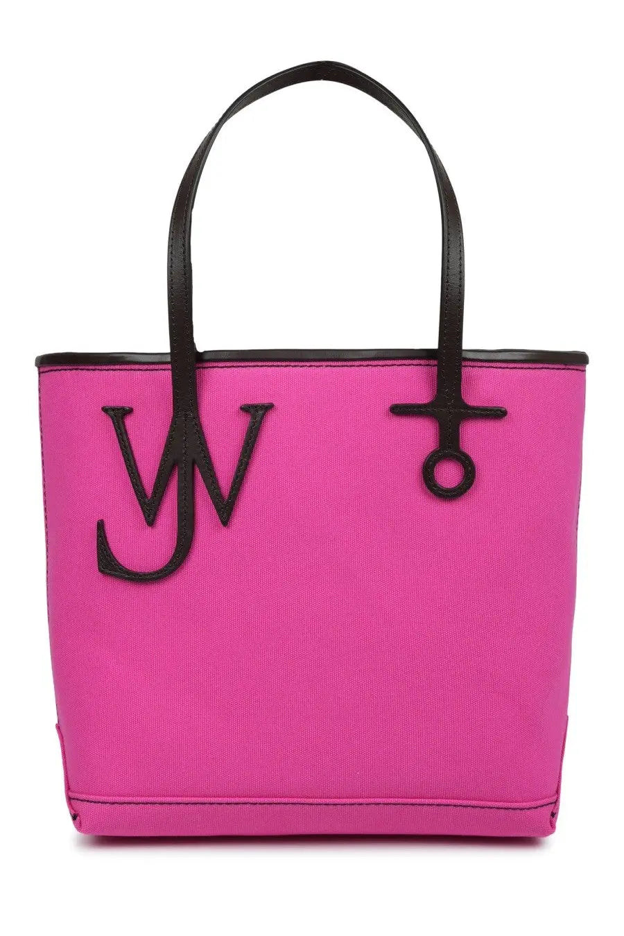 Bright pink canvas tote bag with black leather handles and bold jw monogram logo by JW Anderson unisex borsa tote
