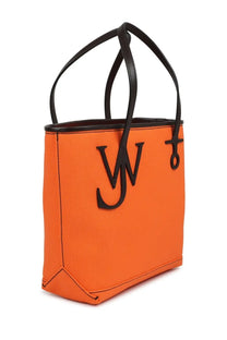 Bright orange canvas JW Anderson unisex Borsa tote anchor small with black leather handles and black monogram logo