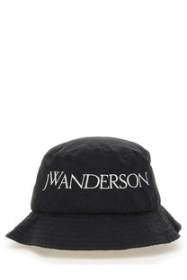 Black jw anderson unisex bucket hat with white embroidered logo made from durable fabric for casual wear