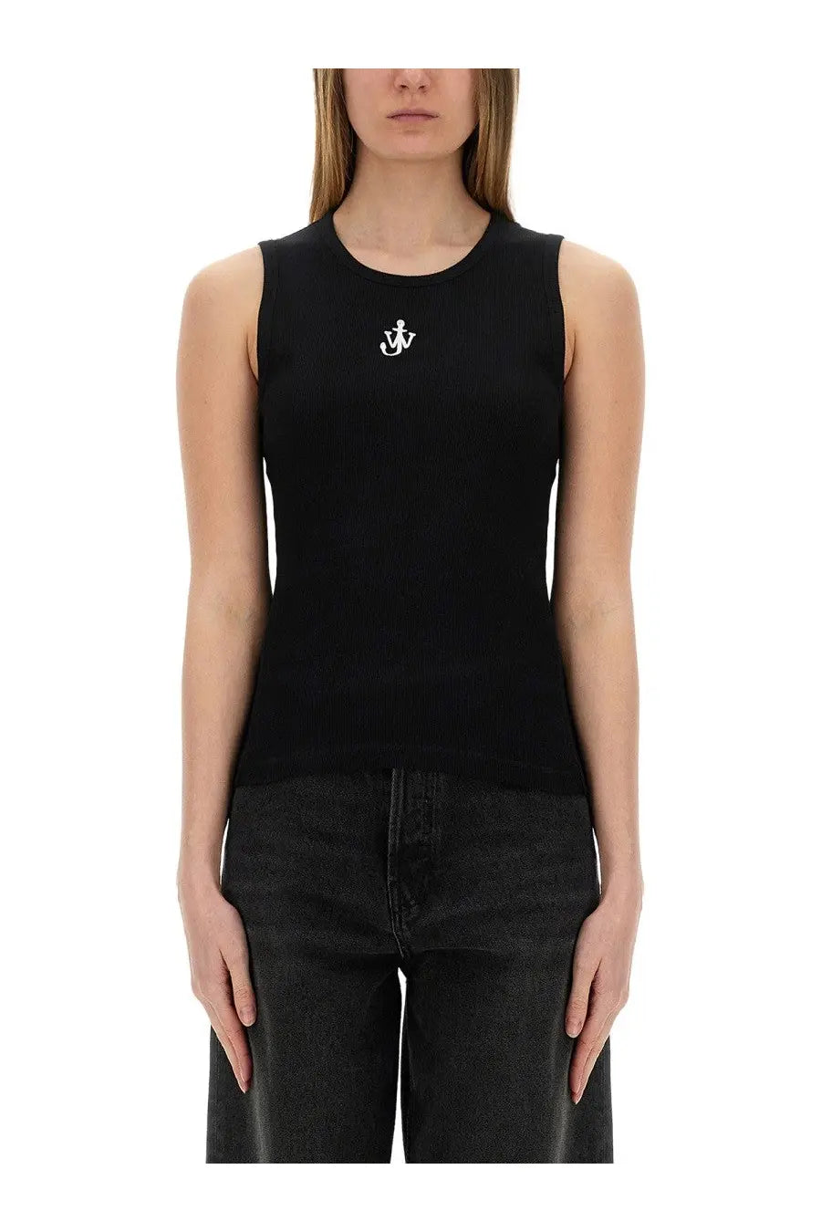 Jw anderson women’s black sleeveless tank top with white anchor logo on chest made from lightweight fabric