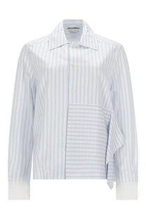 Jw anderson women’s light blue and white striped button-down shirt with ruffled asymmetrical hem and Prada collar label