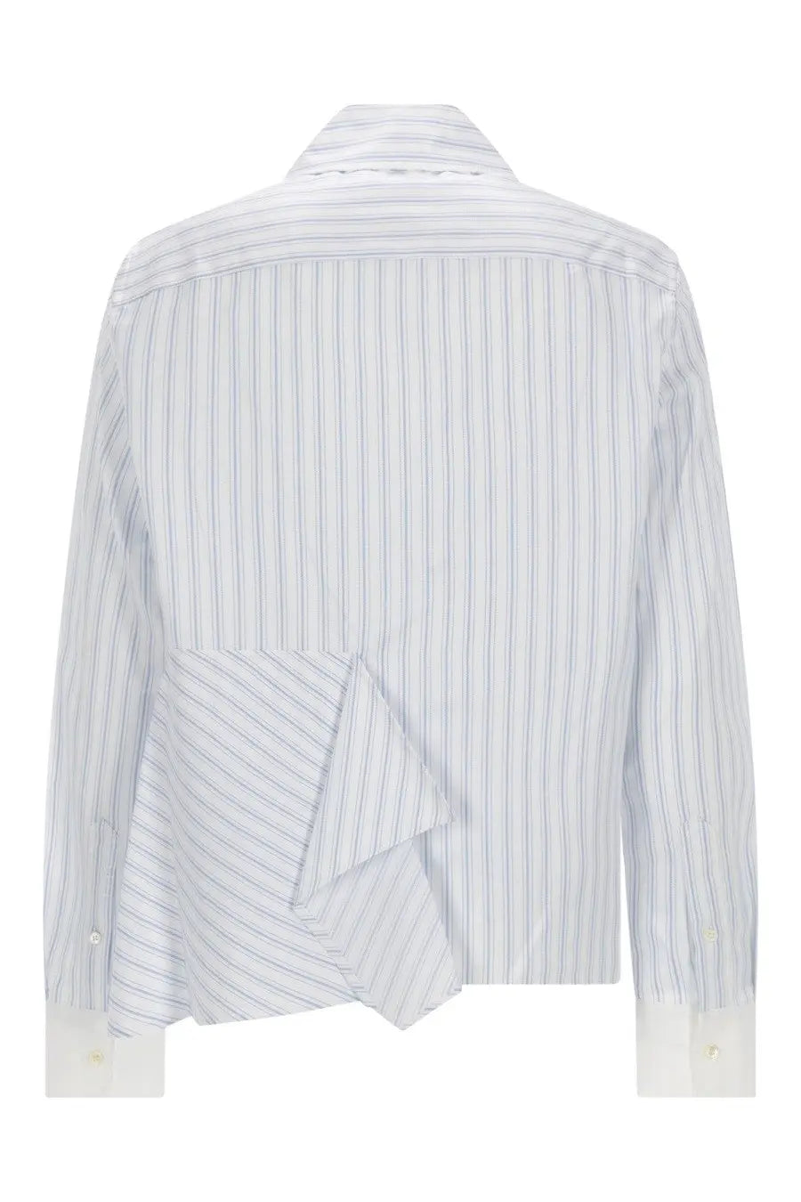 Jw anderson women’s asymmetrical shirt blue showing back with white and light blue stripes and ruffled detail