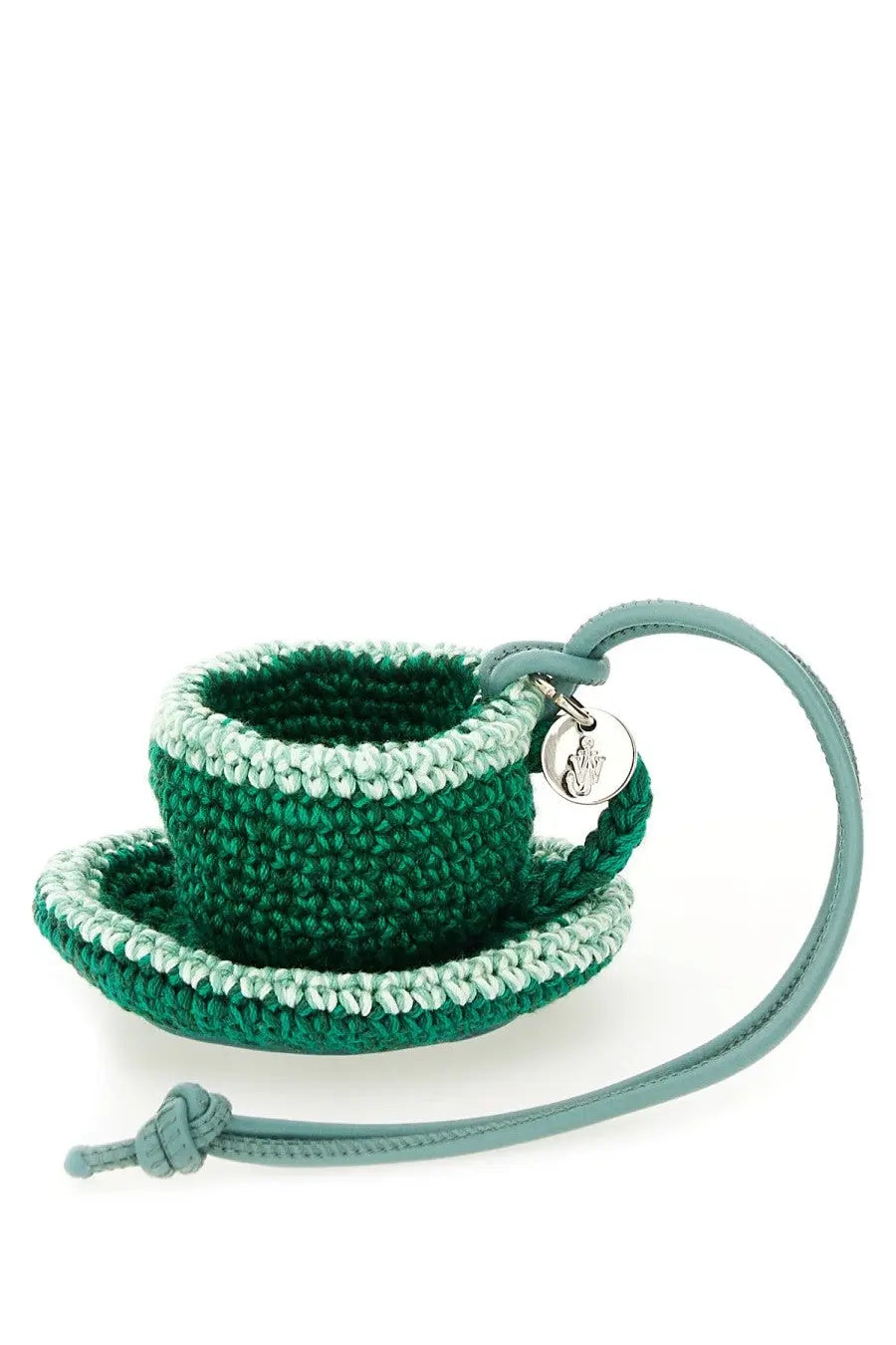 Jw anderson women’s green crocheted teacup and saucer charm with light teal leather strap
