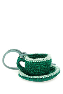 Jw anderson women’s charm teacup keychain crocheted in green with light green trim and saucer detail