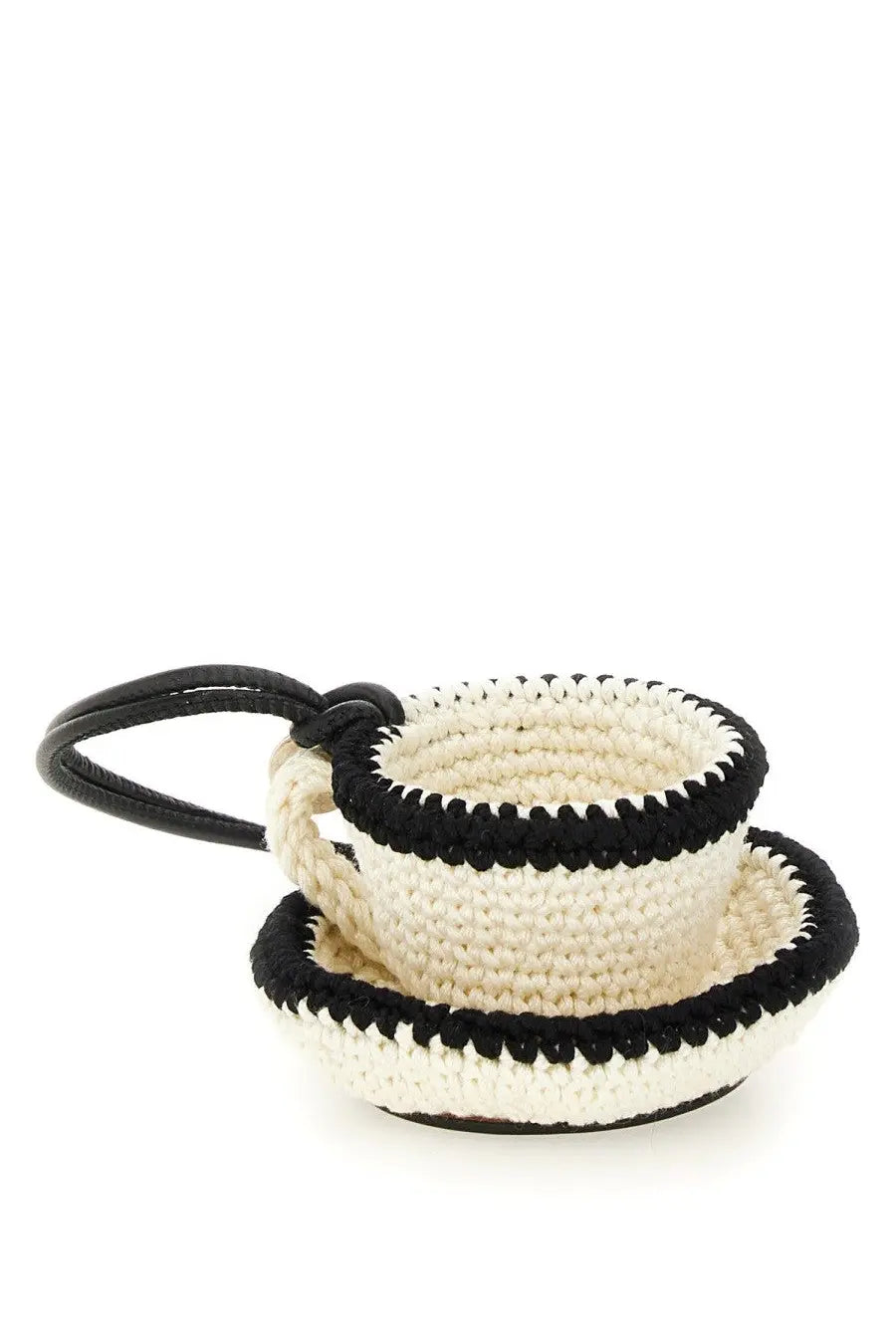 Crochet coffee cup and saucer keychain in cream and black inspired by jw anderson womens charm teacup white design