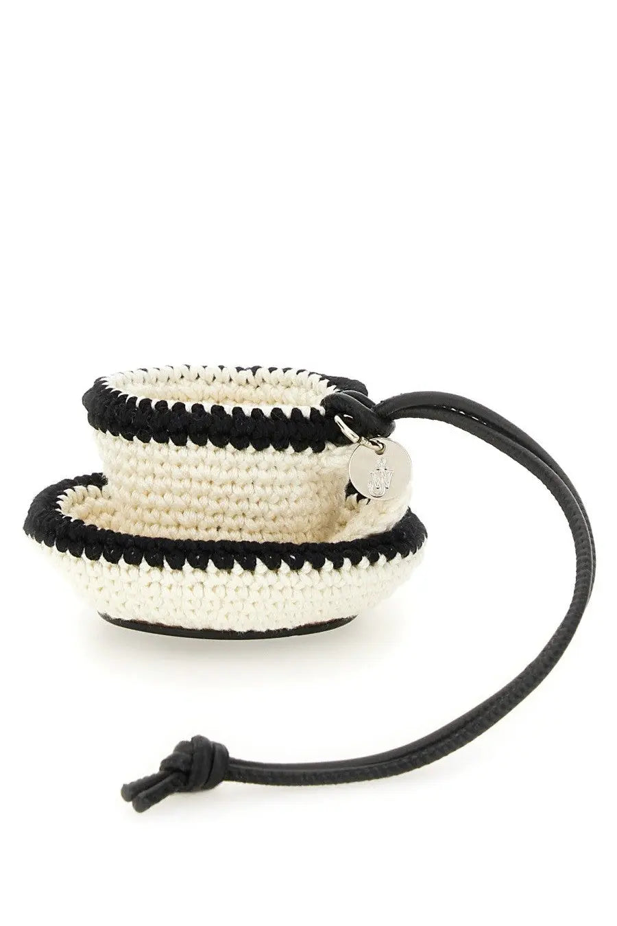 Jw anderson women’s charm teacup white crocheted wristlet with black stripes and silver charm tag