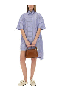 Brown leather mini handbag with gold tone hardware styled with jw anderson women’s chemisier dress blue