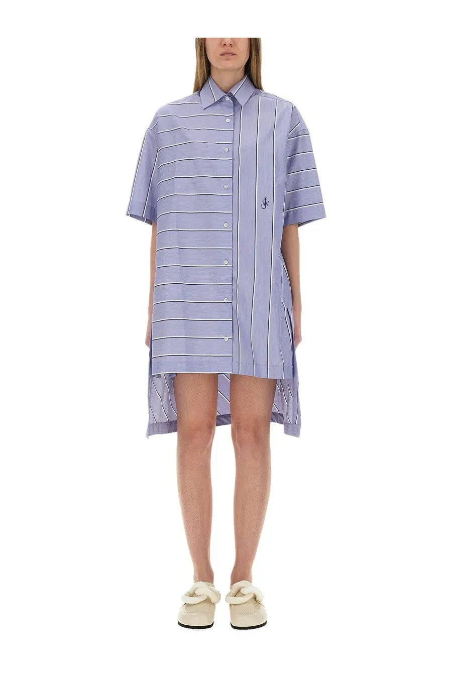 Jw anderson women’s chemisier dress blue featuring light purple and white striped oversized shirt dress with button front and asymmetrical hem