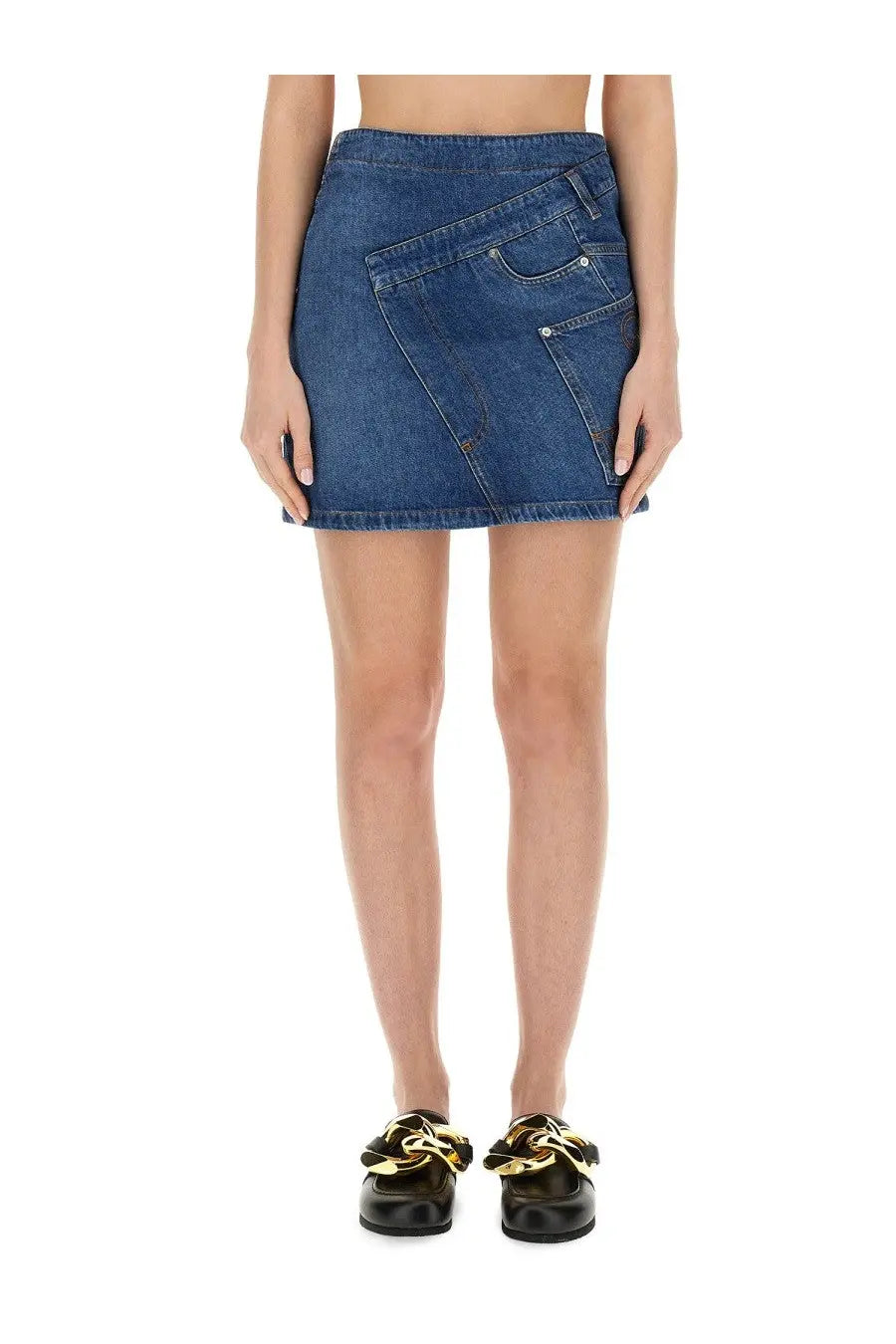 Jw anderson women’s blue high-waisted denim miniskirt with diagonal seam and front pocket detail