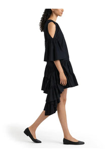 Jw anderson women’s black sleeveless dress with cut-out shoulders and tiered ruffle skirt in lightweight fabric