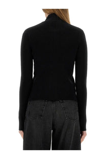 Jw anderson women’s fitted cardigan in black ribbed knit with turtleneck detail for a sleek layered look