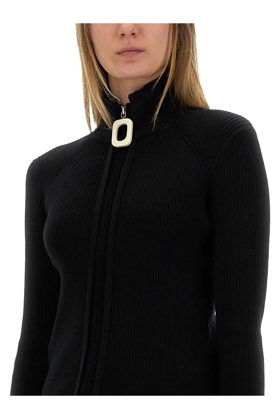 Jw anderson women’s fitted cardigan black ribbed knit turtleneck sweater with cream rectangular zipper pull and oval cutout