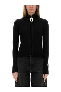 Jw anderson women’s fitted cardigan black ribbed knit zip-up sweater with white square zipper pull