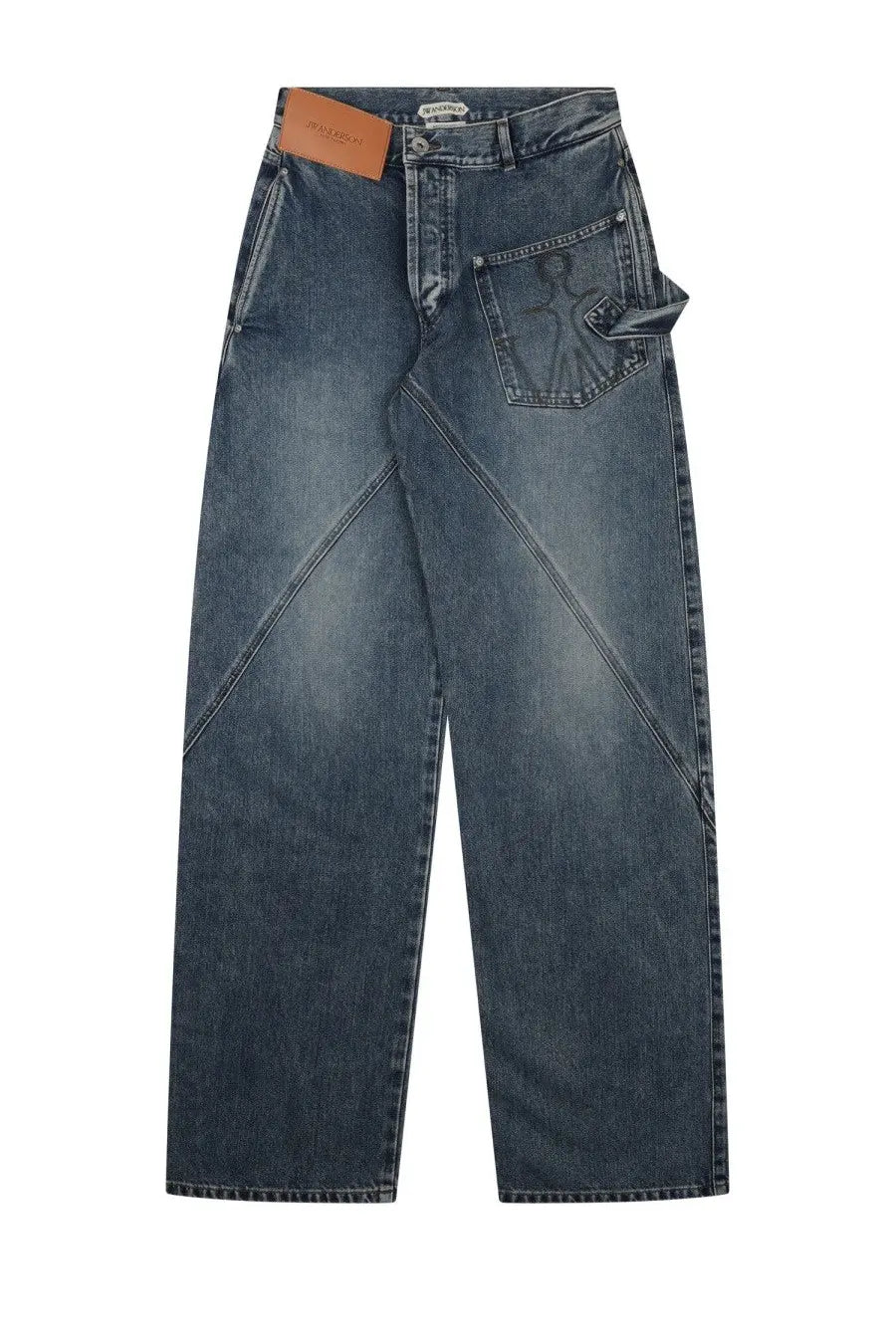 Dark blue denim jw anderson women’s jeans con patch blue with faded wash and stylized graphic on back pocket back side view