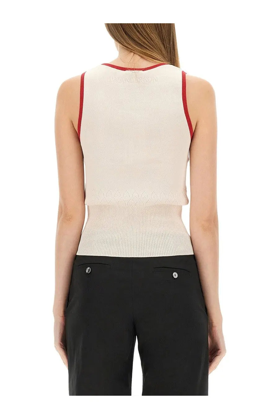 Jw anderson women’s knitted vest in cream ribbed knit sleeveless top with red trim on neckline and armholes