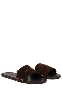 Jw Anderson women’s brown leather slide sandals with sleek minimalist design and subtle metallic strap accents