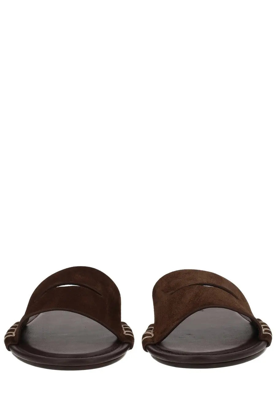 Jw anderson women’s brown leather slide sandals with suede material and subtle striped detailing on the sides