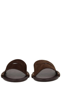Jw anderson women’s brown leather slide sandals with suede material and subtle striped detailing on the sides