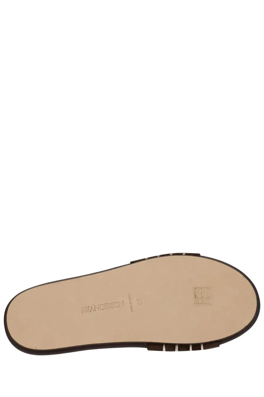 The underside of a brown jw anderson women’s leather sandal showing the sole design and material texture