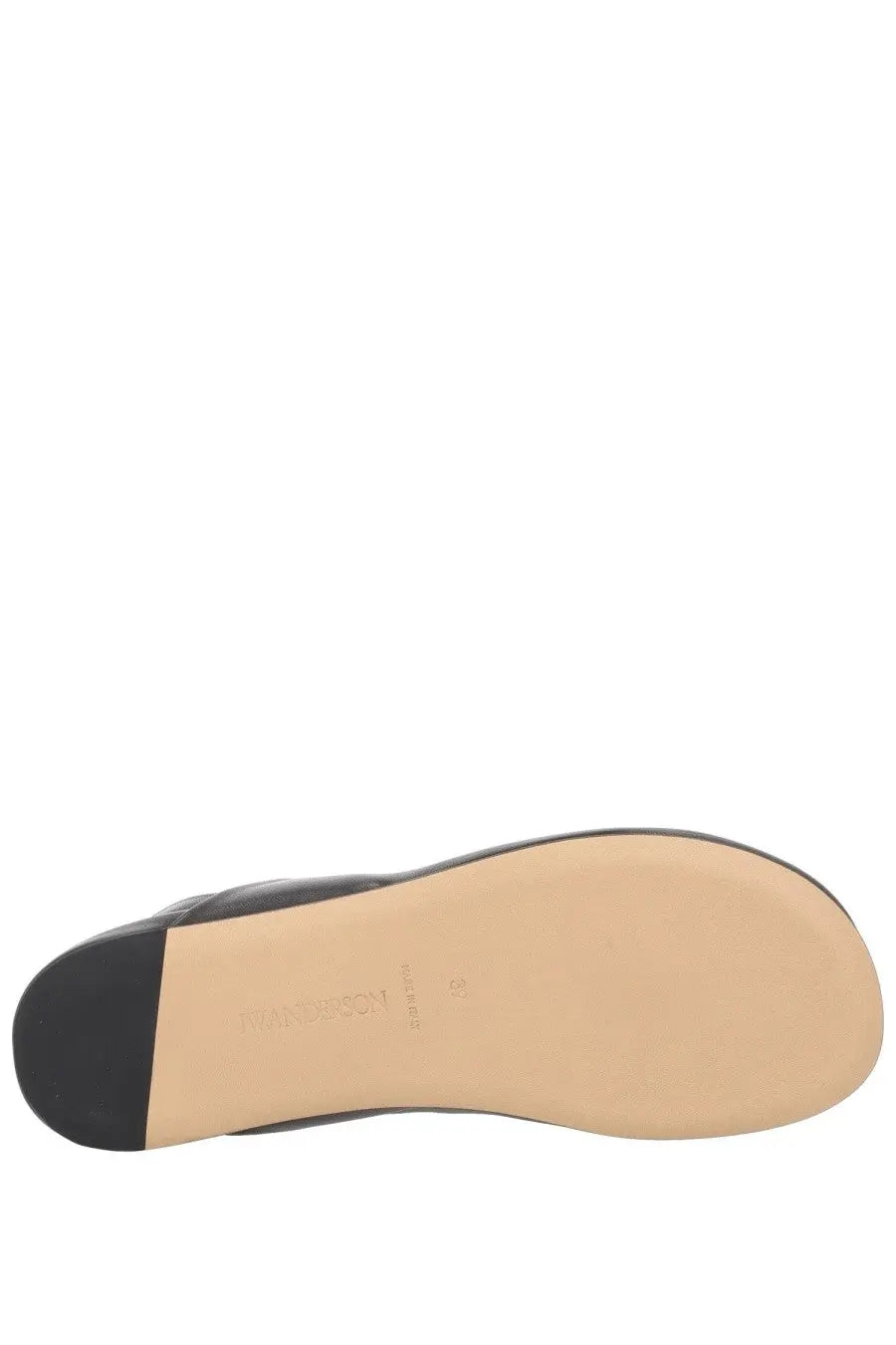 Jw anderson women’s black leather slipper shoe with beige rubber sole and black heel shown from the back side