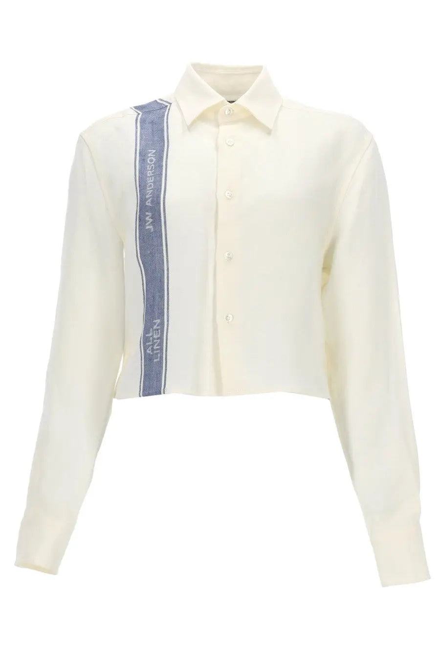 Jw anderson women’s cream linen shirt with long sleeves and vertical blue stripe featuring white logo lettering