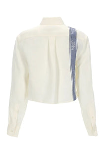 Back of jw anderson womens cream linen shirt with blue striped band featuring lauren by lauren riner logo