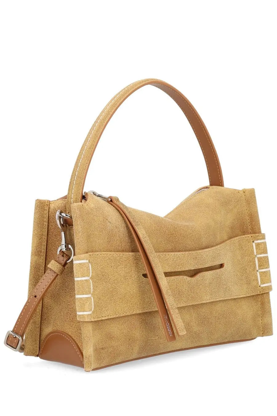 Jw anderson womens loafer bag yellow tan suede with brown leather trim and white stitched flap closure