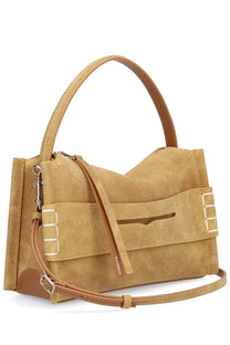 Jw anderson women’s loafer bag in tan suede with brown leather handles and white rectangular accents on front flap