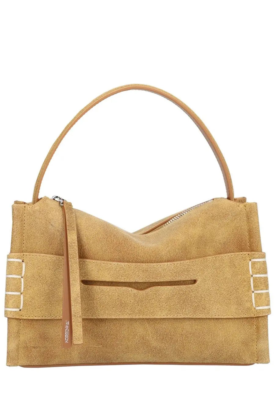 Jw anderson women’s loafer bag yellow tan suede with structured design and white rectangular side accents and top handle
