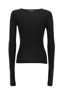 Jw anderson women’s long sleeved black knit top with subtle textured weave and small brand tag at neckline