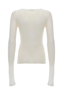 Jw anderson women’s long sleeved cream knit top with ribbed texture and round neckline in lightweight fabric