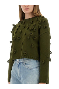 Jw anderson women’s olive green cropped knit sweater with textured looped embellishments on shoulders and sleeves