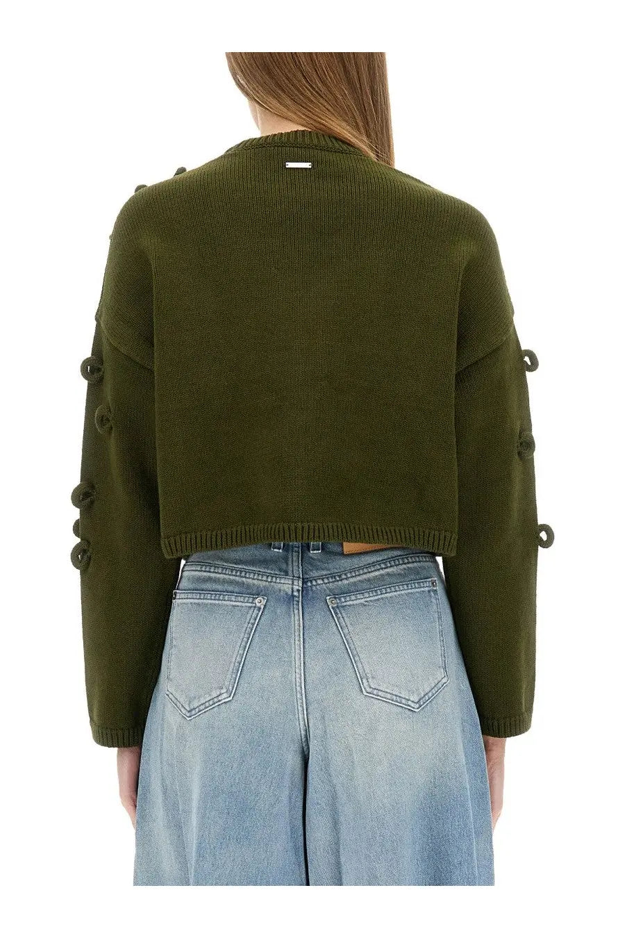 Jw anderson women’s olive green cropped knit sweater with button details along the sleeves in jersey fabric