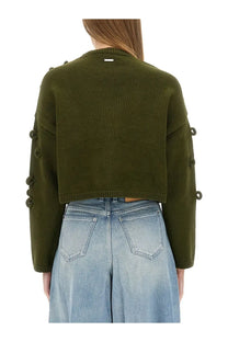 Jw anderson women’s olive green cropped knit sweater with button details along the sleeves in jersey fabric